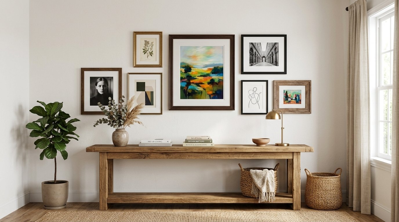 A rustic entry table featuring a gallery wall of assorted framed art, a potted plant, and woven baskets.