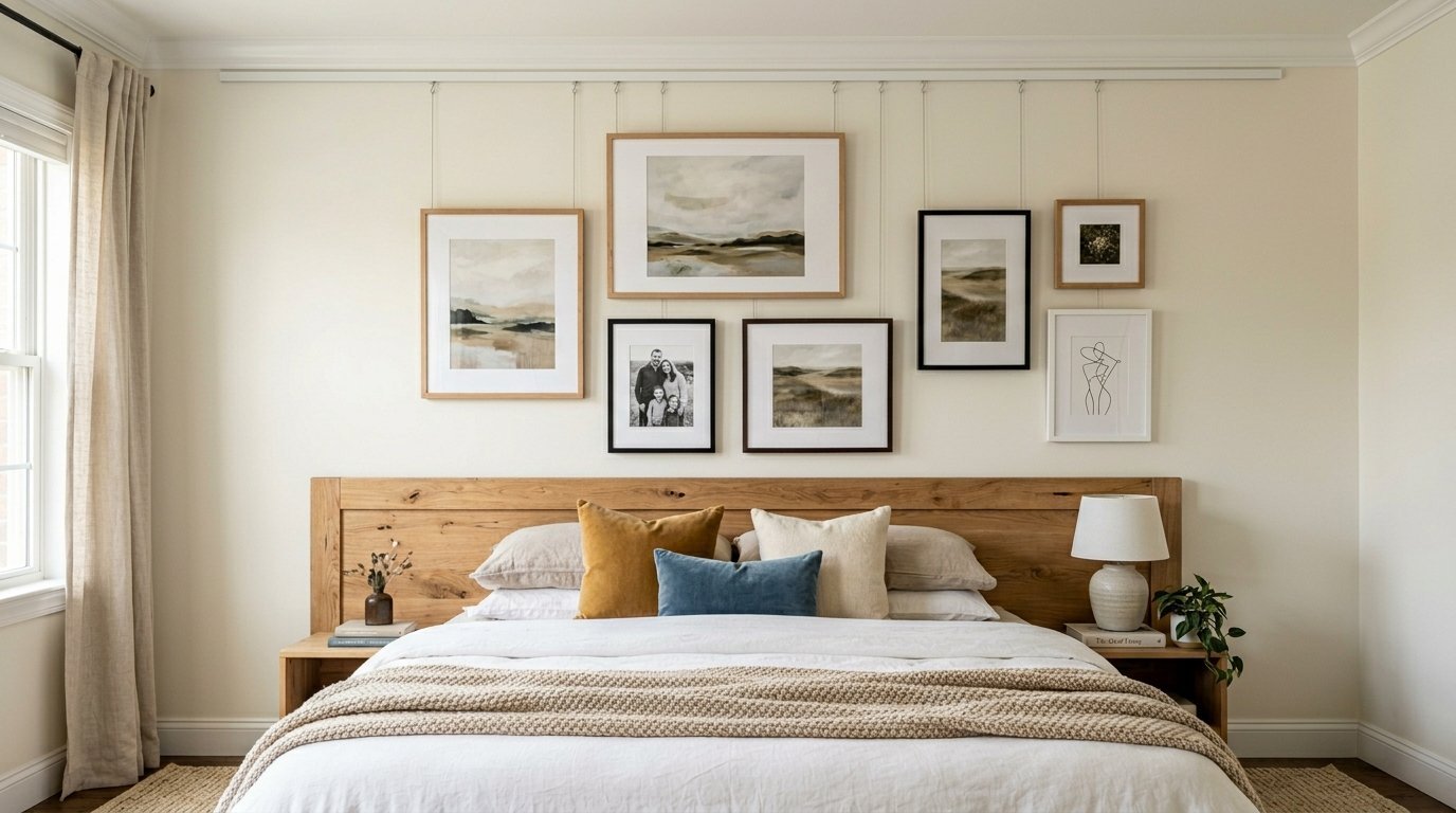 Neutral bedroom with natural wood headboard and a suspended art gallery wall featuring landscape prints and family photos.