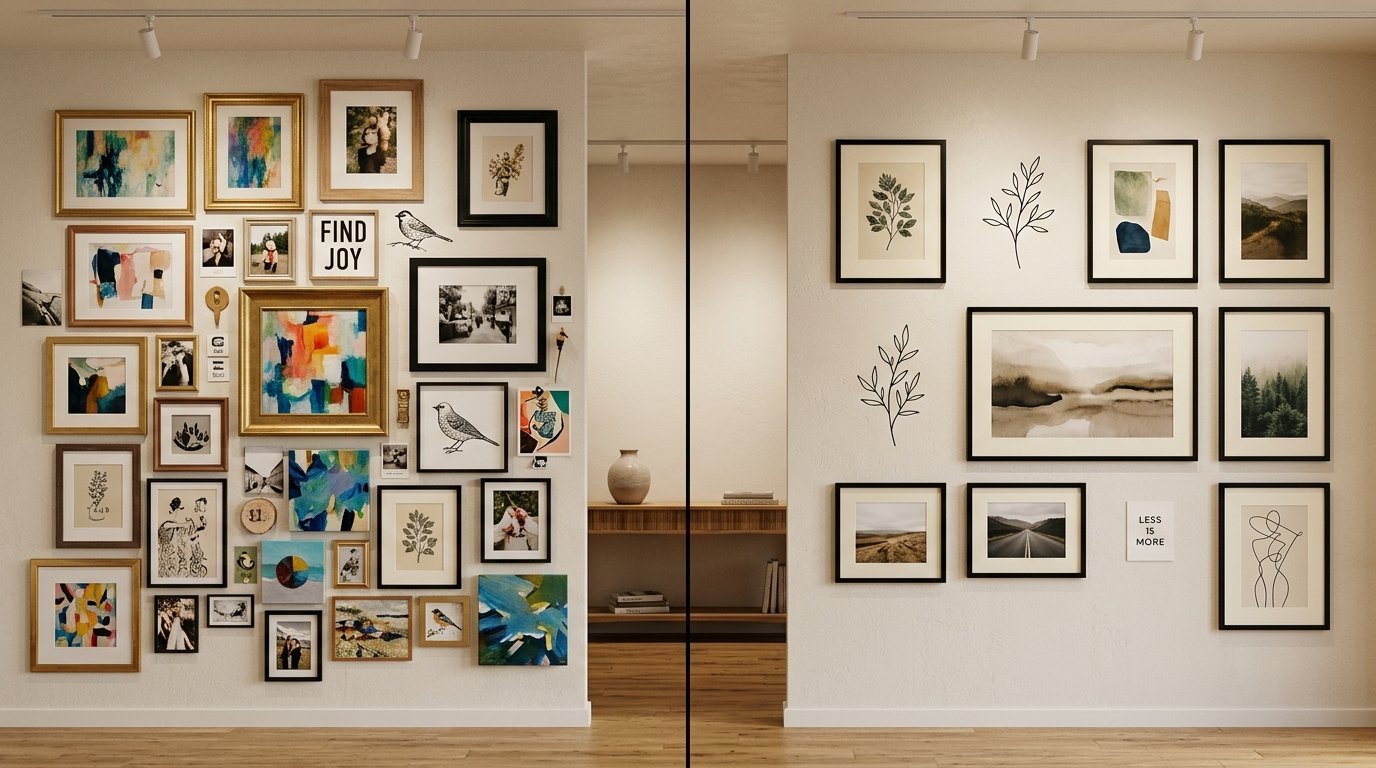 Split view of two interior walls featuring diverse framed artwork, sketches, and nature-inspired gallery wall layouts.