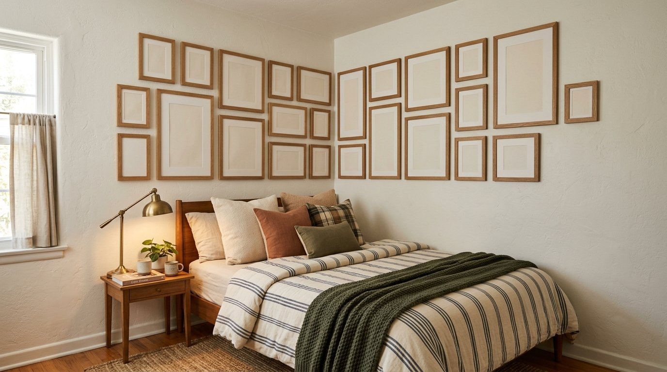A bed with a striped comforter sits below an L-shaped arrangement of empty wooden picture frames on a white wall.