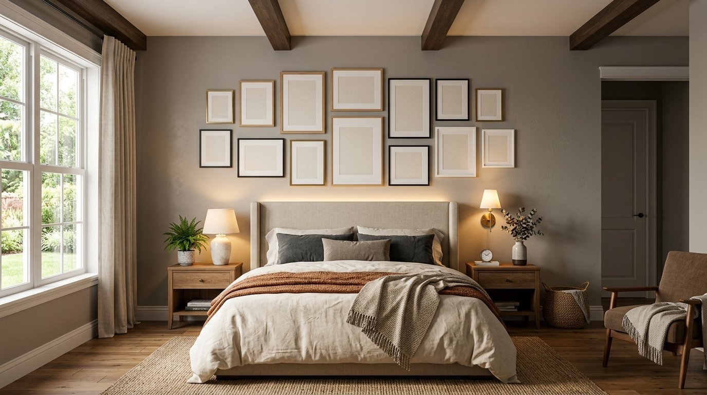 Modern bedroom with a tan headboard, cream bedding, and a symmetrical gallery wall with empty frames.