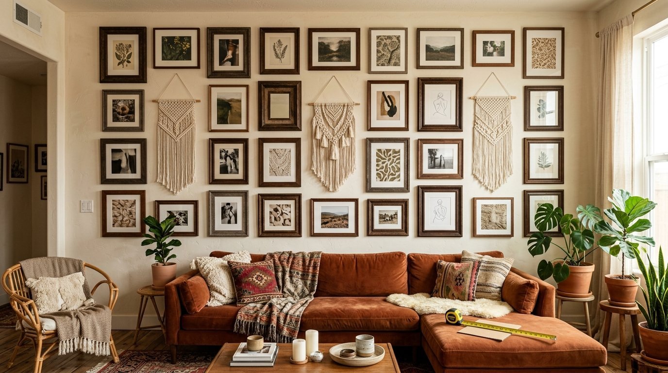 Eclectic living room with a large collection of framed prints and macrame wall hangings behind a plush rust-colored couch.