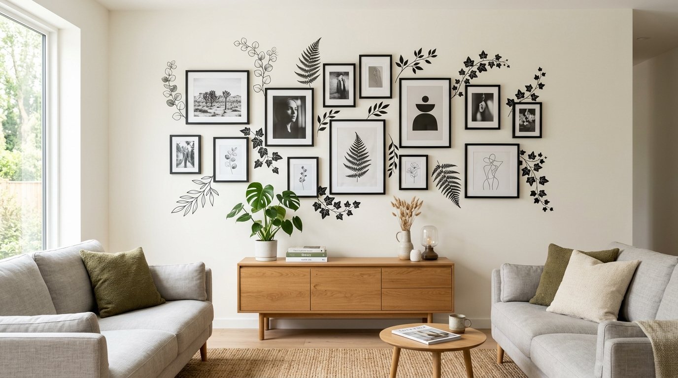 A gallery wall arrangement with botanical wall decals and black frames above a wooden media console.