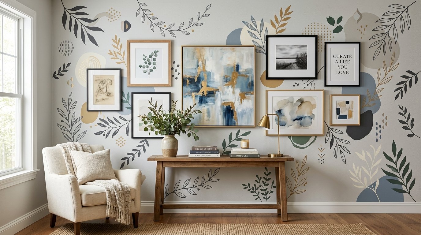 A beige armchair next to a wood console table against a wall decorated with abstract leaf patterns and framed art.
