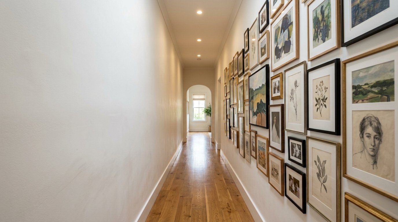 Long narrow corridor with hardwood floors and many framed pictures lining the right side wall.