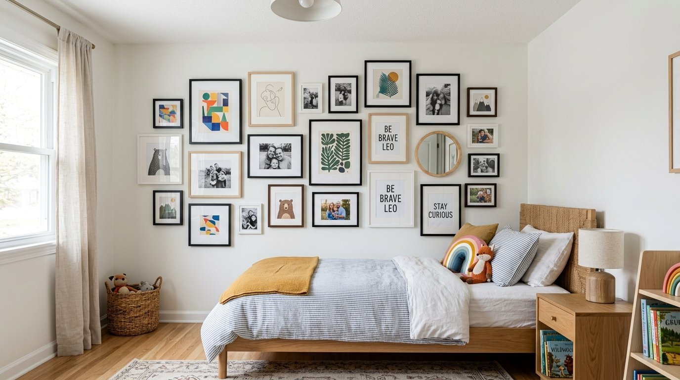 A gallery wall of mixed frames and art prints hangs above a single bed in a child's bedroom.
