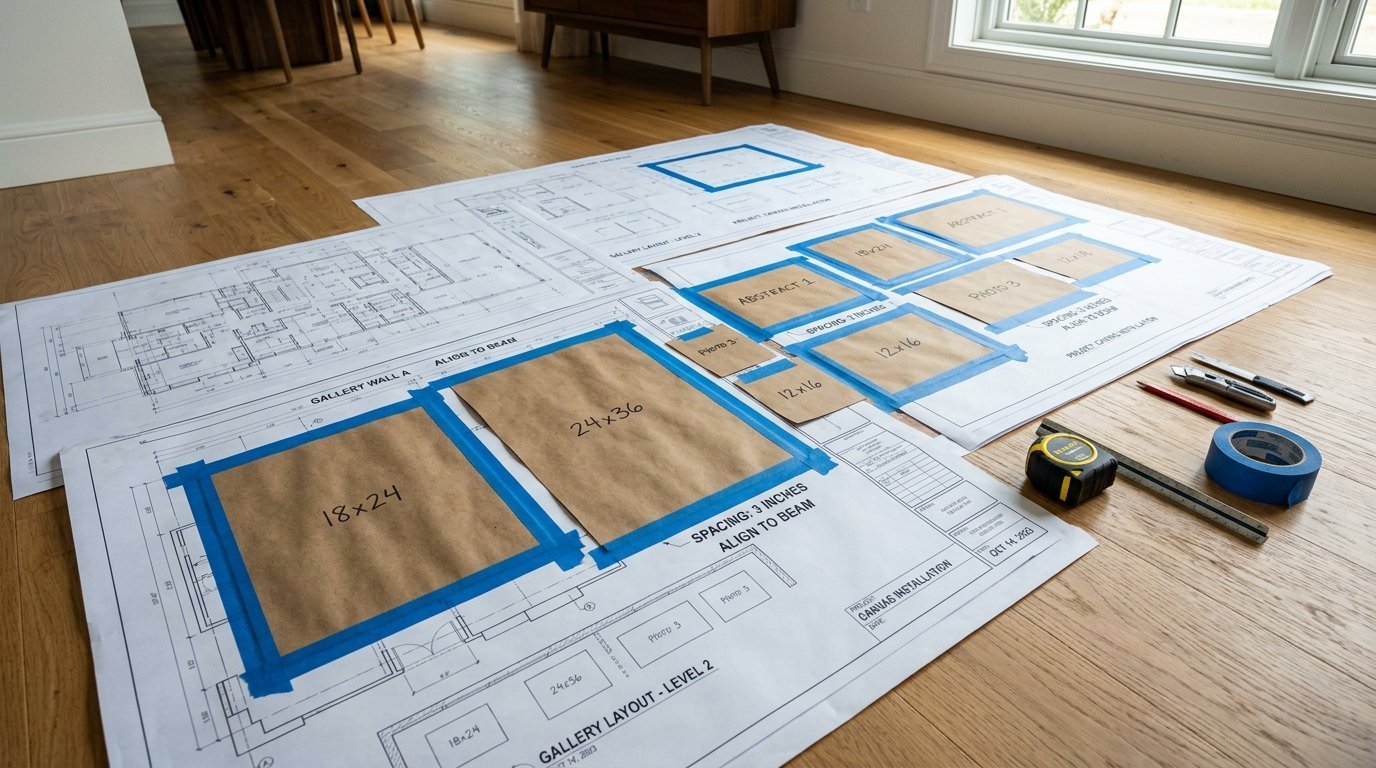 Blueprint paper on wood floor with tape and paper templates representing picture frame sizes and spacing.
