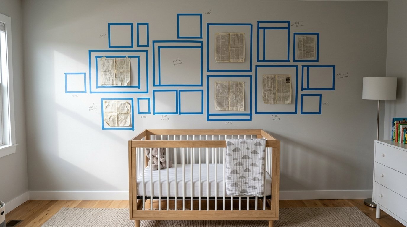 Painter tape outlines for a gallery wall installation above a wooden baby crib in a nursery room.