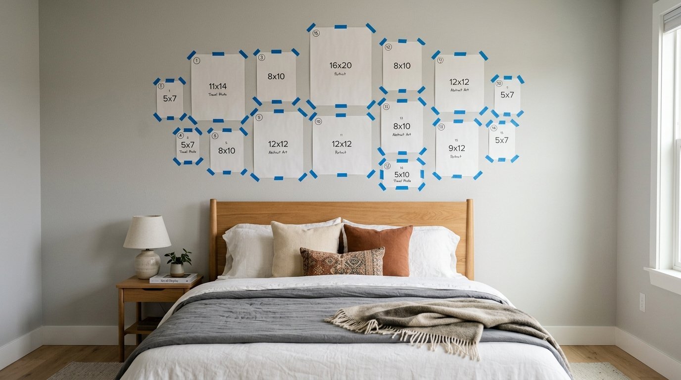 Rectangular paper cutouts marked with dimensions taped to a light gray wall above a wooden bed frame.