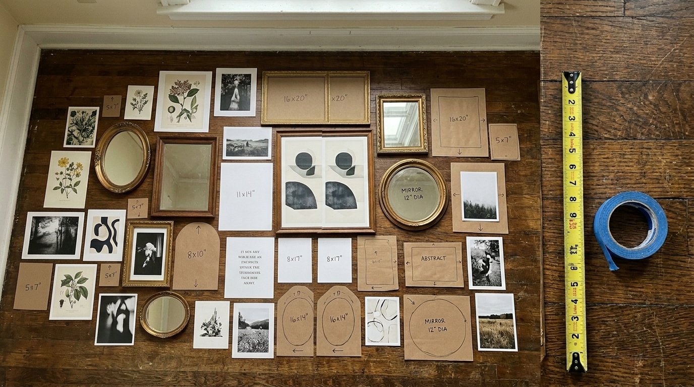 Various picture frames and paper cutouts arranged on a wooden floor for a gallery wall design.