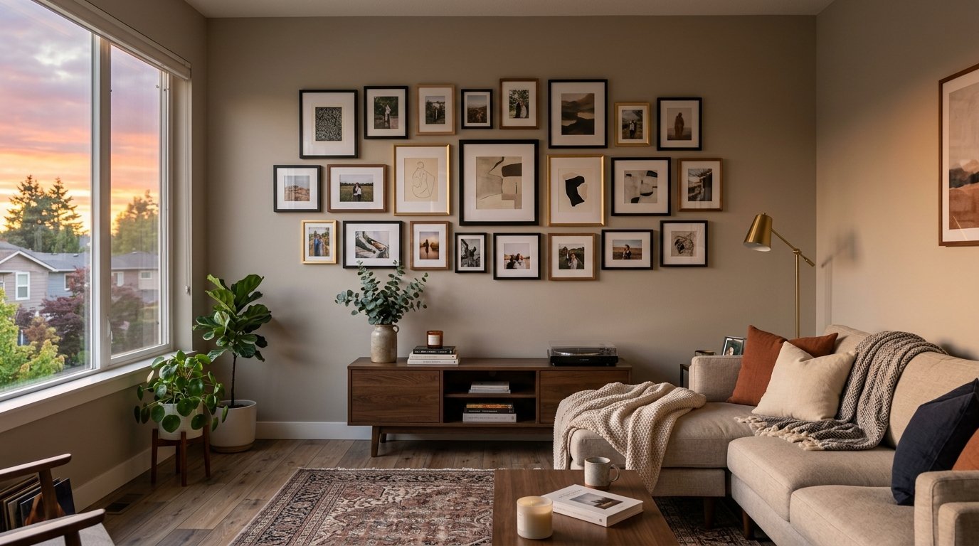 Modern living room with a large gallery wall of assorted framed photos and art above a wooden media console.