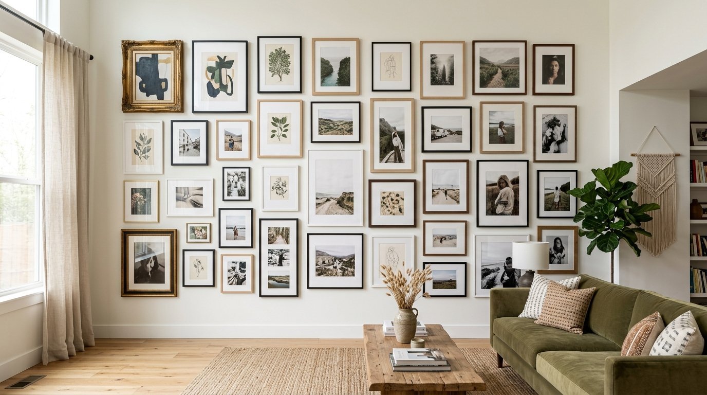 A large collection of framed art prints and photographs arranged in a grid pattern on a white living room wall.