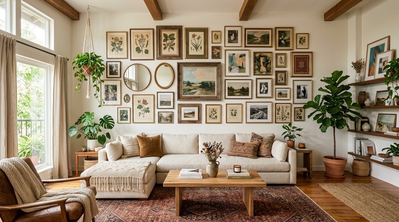 A cream sectional sofa sits beneath a large gallery wall featuring botanical prints, landscapes, and round mirrors.