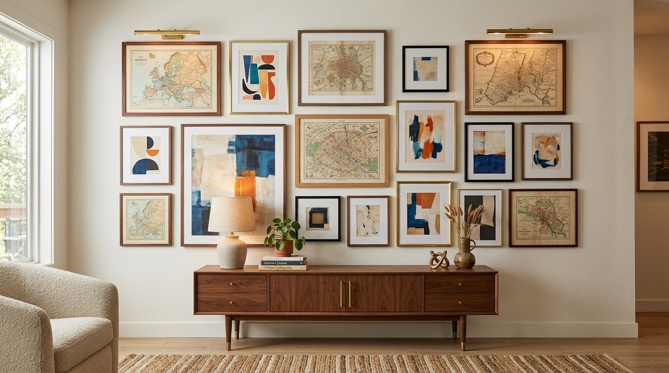 A large gallery wall featuring maps and abstract art above a wooden mid-century modern credenza and table lamp.