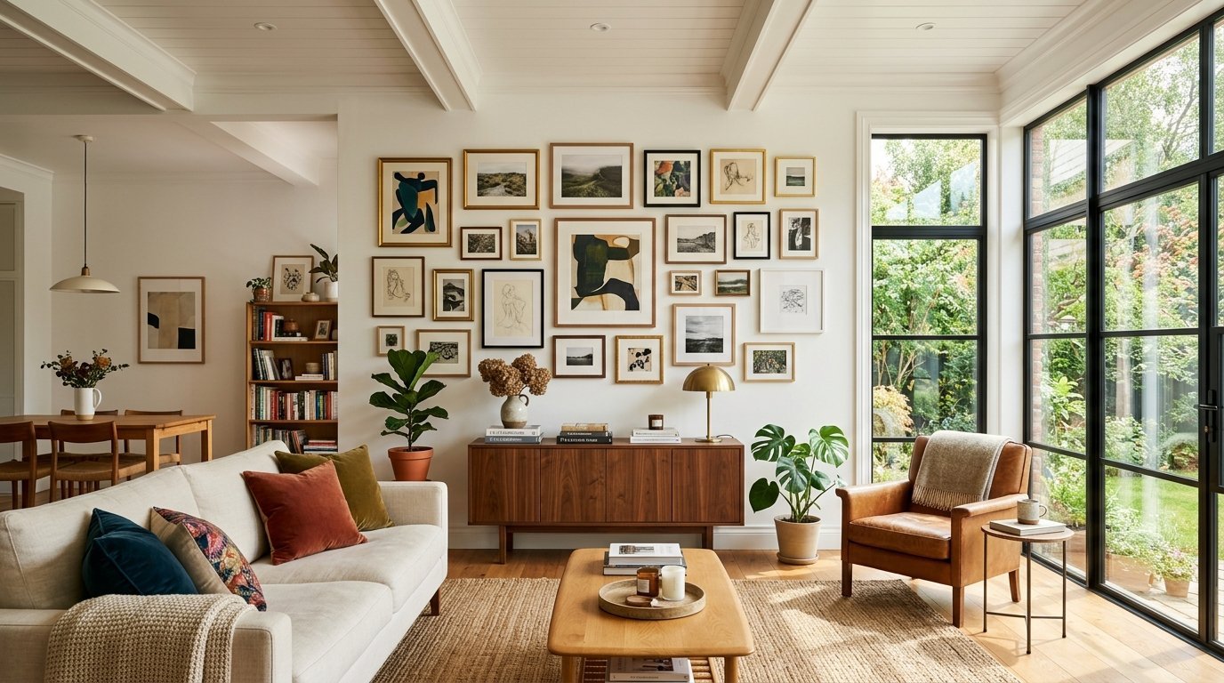 Bright living room with a cream sofa, leather armchair, wooden sideboard, and a large gallery wall of framed art prints.