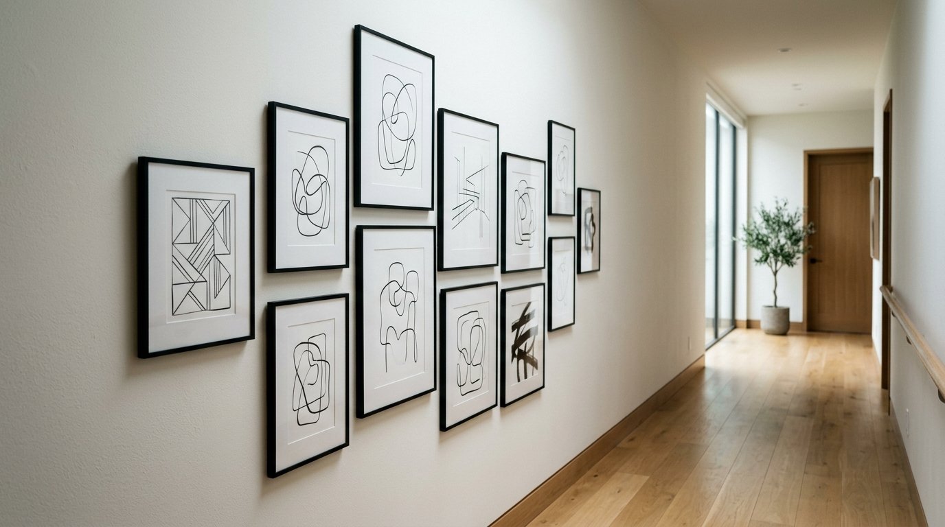 Black framed linear artwork hanging on a white wall in a modern residential corridor.