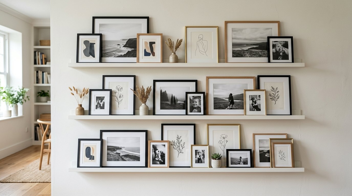 Three white floating shelves displaying a curated collection of black and wooden picture frames with art prints.
