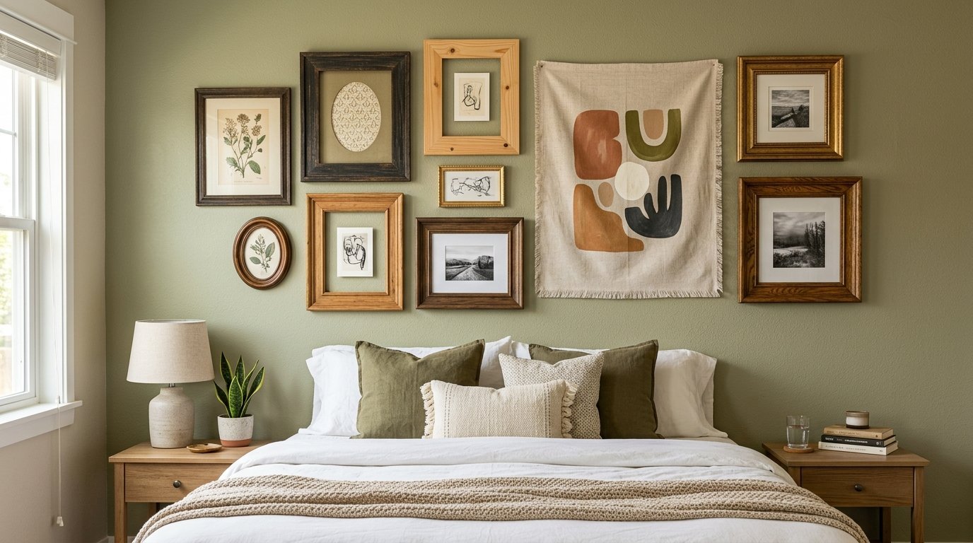 A bed with green and white pillows against a sage wall featuring a gallery of assorted frames and a woven tapestry.