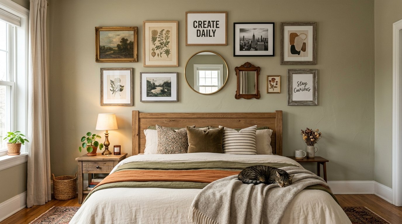 Tabby cat sleeping on a bed in a sage green bedroom with a gallery wall and wood headboard.