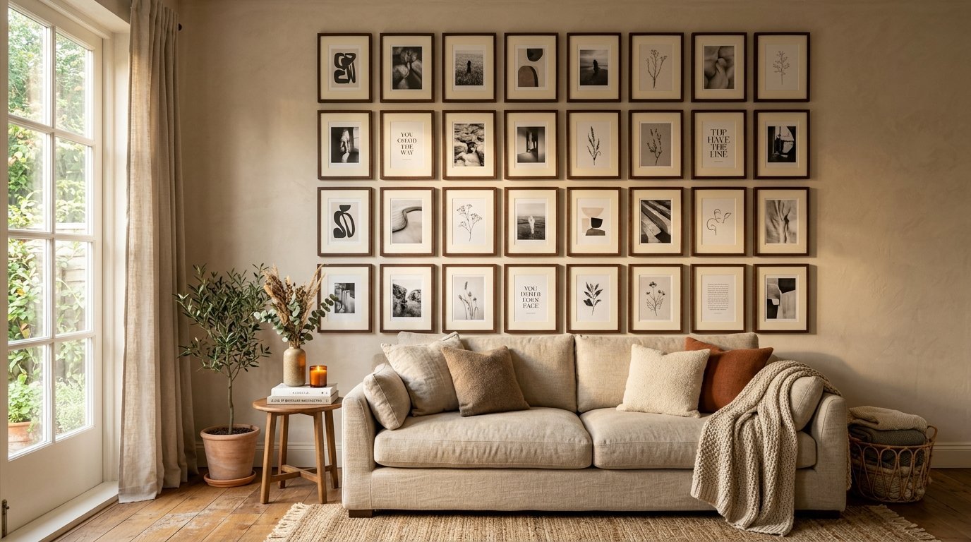 Neutral living room with a large grid of framed art prints above a comfortable sofa and a small side table.
