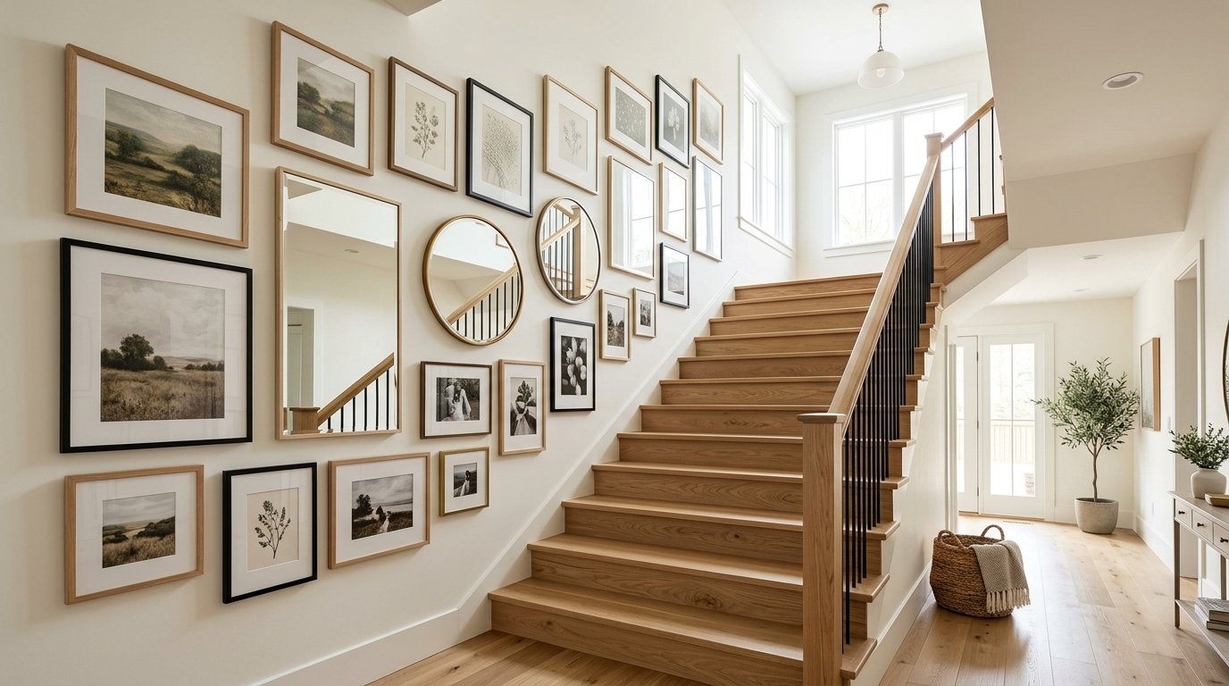 An elegant staircase featuring a large wall gallery with framed landscape art, botanical prints, and circular mirrors.