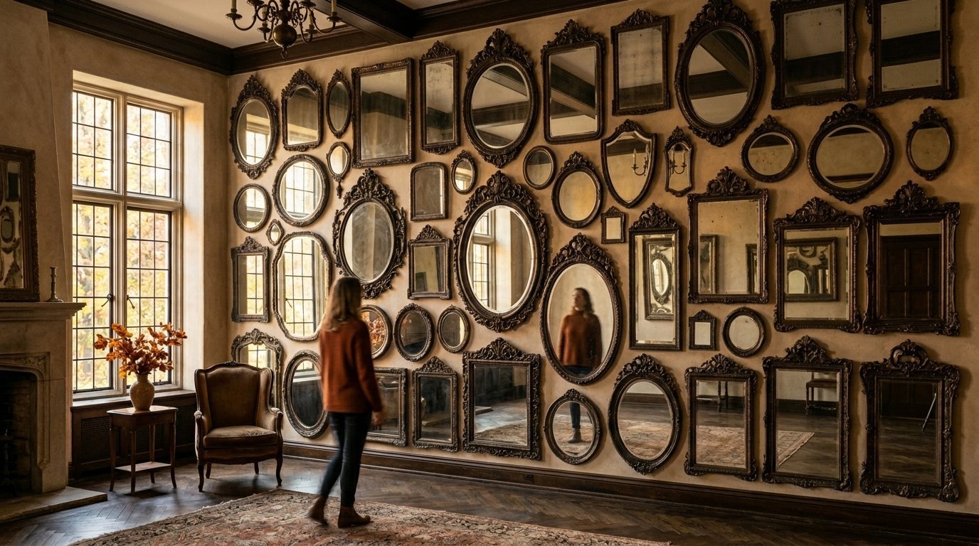 A person standing in a living room featuring a wall covered in many different shapes and sizes of antique mirrors.