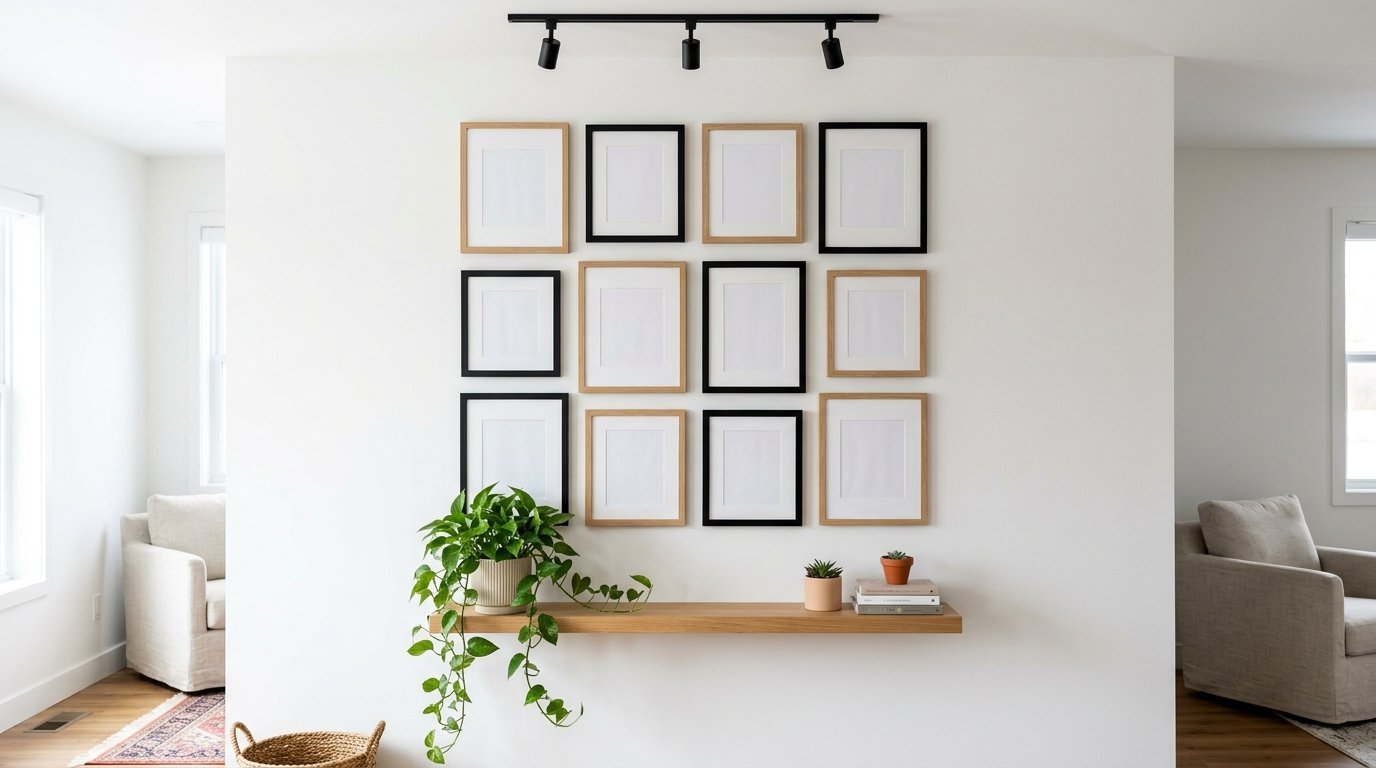 A white wall with twelve empty picture frames arranged in a grid above a long wooden floating shelf with plants.