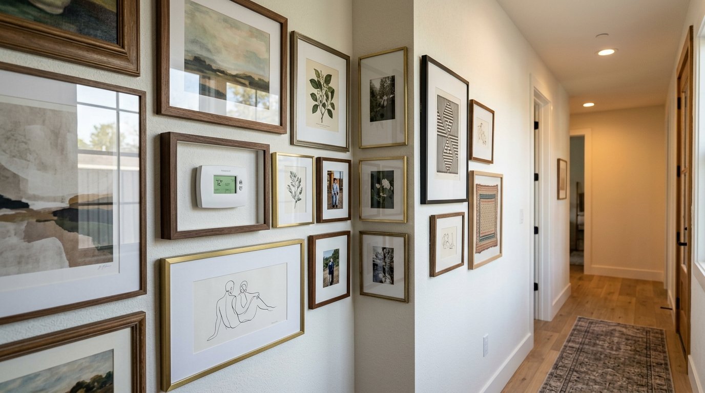 White hallway wall featuring various framed art pieces and photos arranged around a digital wall thermostat.