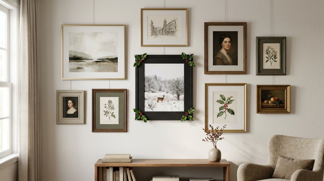 Gallery wall of various framed pictures, including a center black frame decorated with holly and a snowy deer scene.