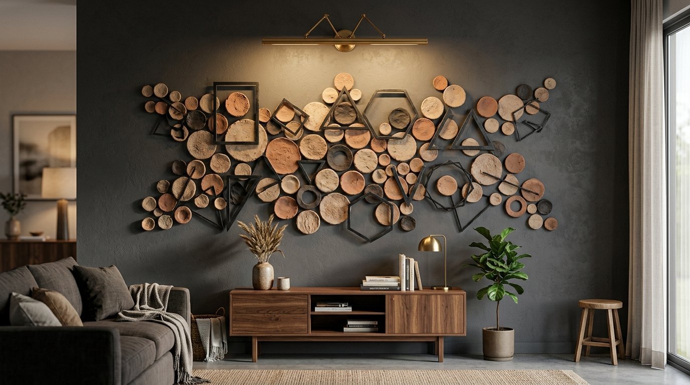 Modern living room wall featuring an arrangement of rustic clay circles and black geometric wire frames.