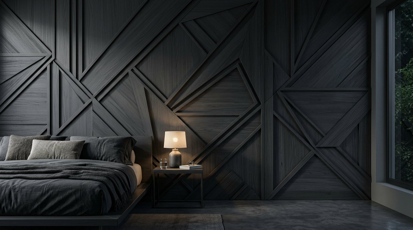 A dark bedroom with an intricate, angular wood panel accent wall, a glowing table lamp, and minimalist grey bedding.