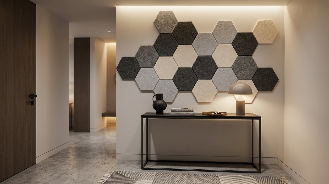 A hallway with a slim console table below a cluster of grey and cream hexagonal felt wall panels.