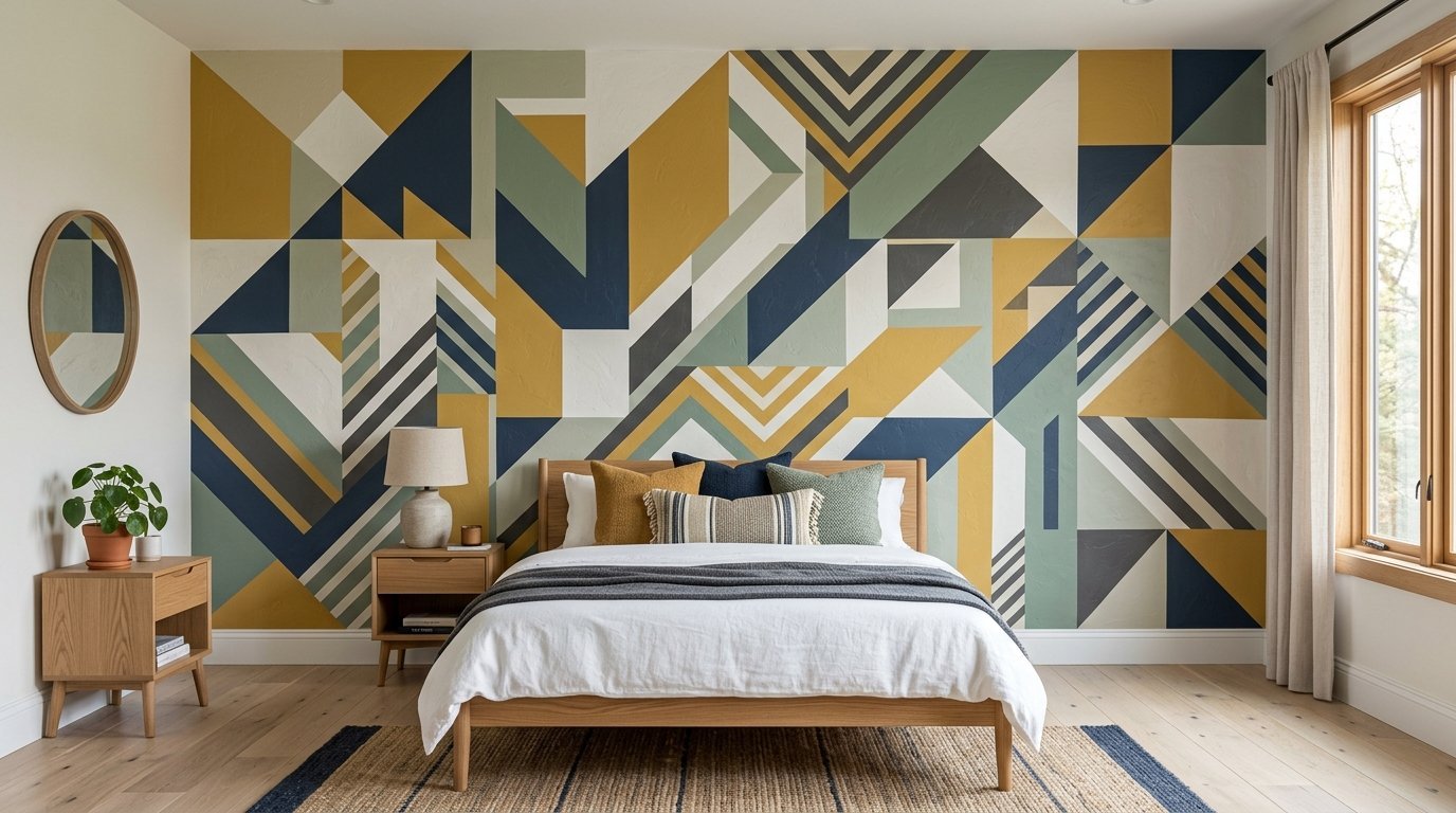 A bedroom with a large abstract painted mural on the wall behind a wooden bed frame.
