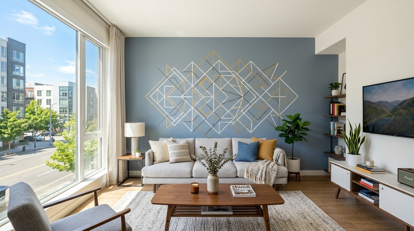 A modern apartment living room features a grey couch beneath a large gold and white geometric wall mural.
