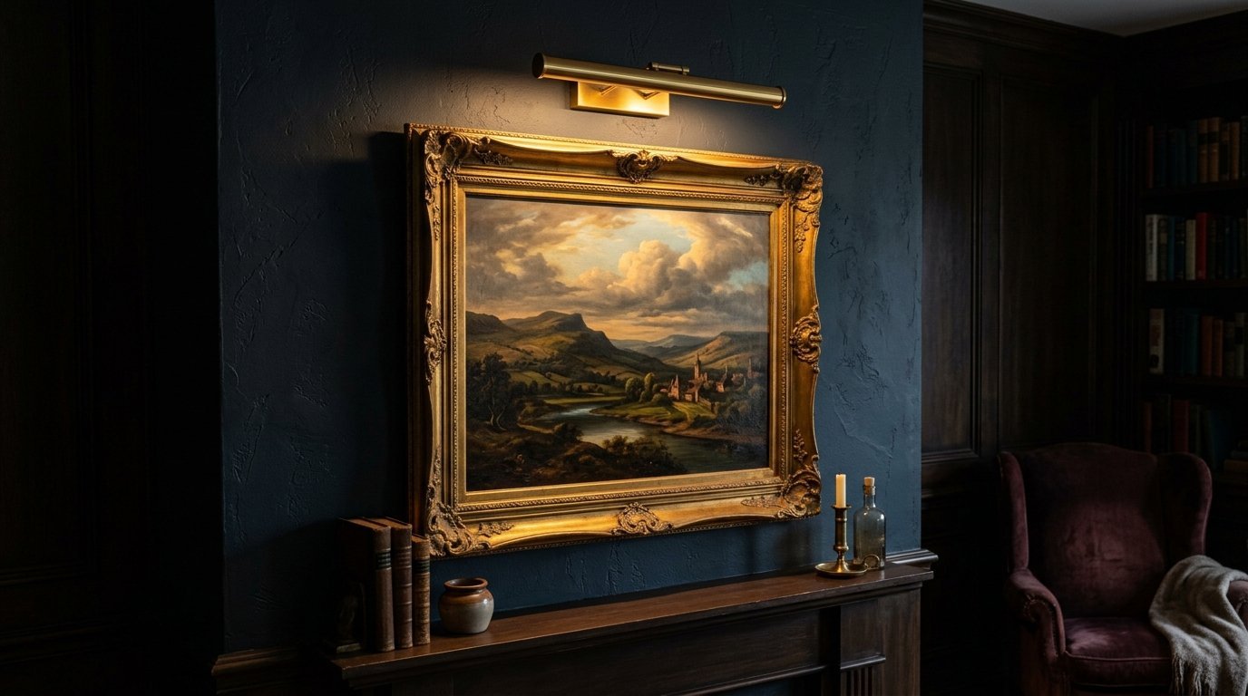 A classical oil painting of a river valley illuminated by a brass picture light on a navy wall.