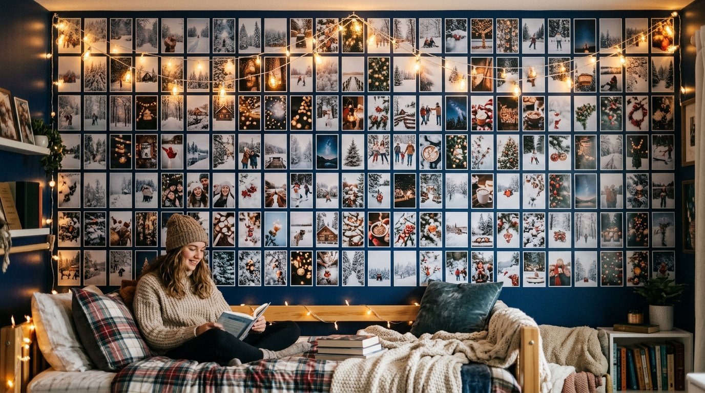 Young woman in a sweater reading a book in bed against a dark wall decorated with a grid of winter scenery photos.