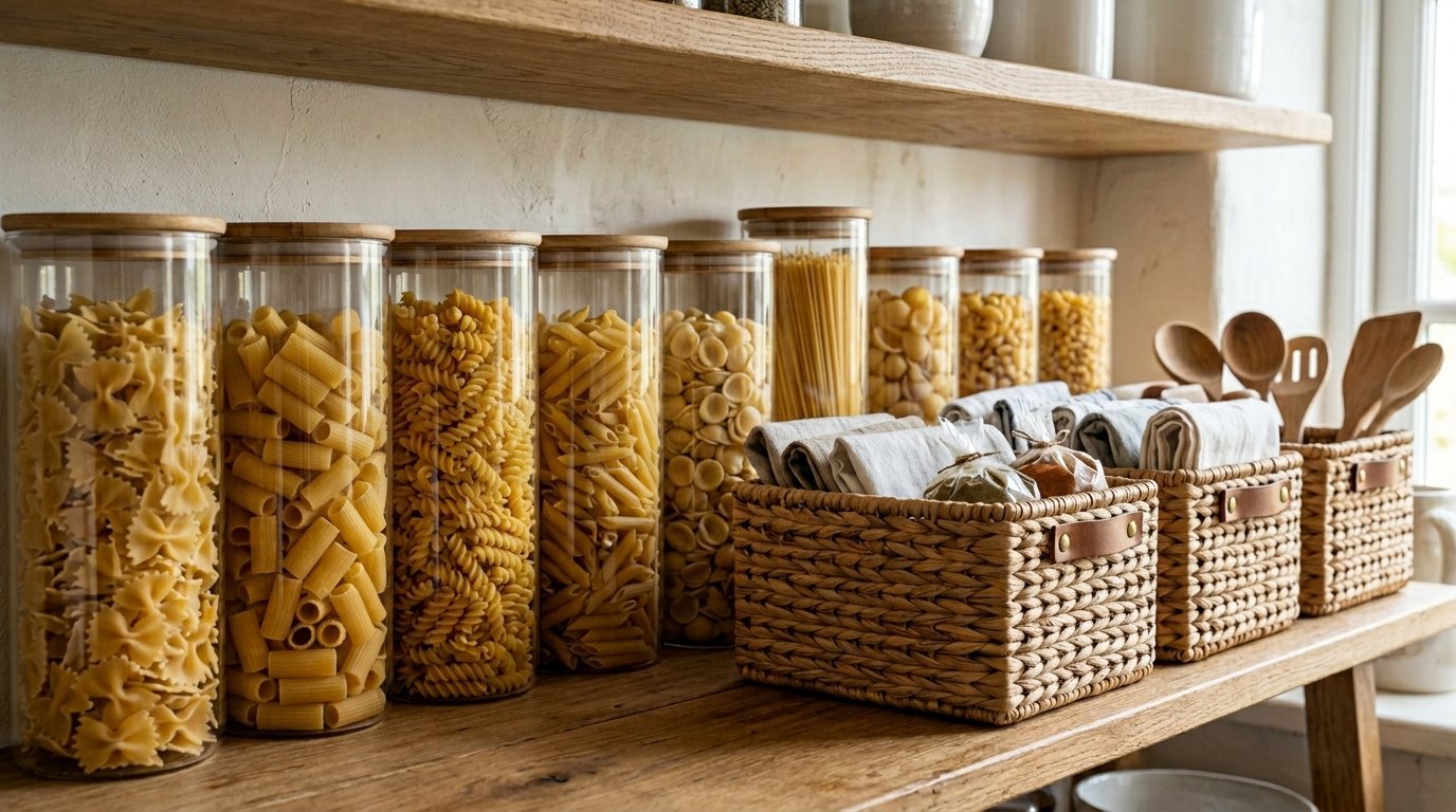 Cylindrical glass jars of pasta and woven wicker baskets with kitchen linens arranged on a wooden shelf.