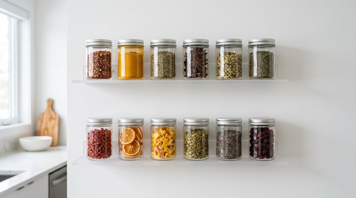 Two rows of clear glass jars filled with various dried spices and superfoods sitting on minimalist white wall shelves.