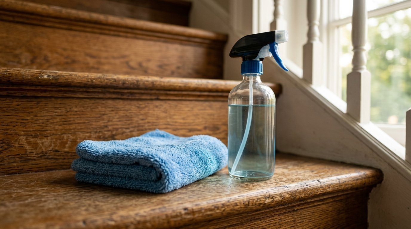 A glass spray bottle filled with liquid next to a folded blue microfiber towel on a staircase step.