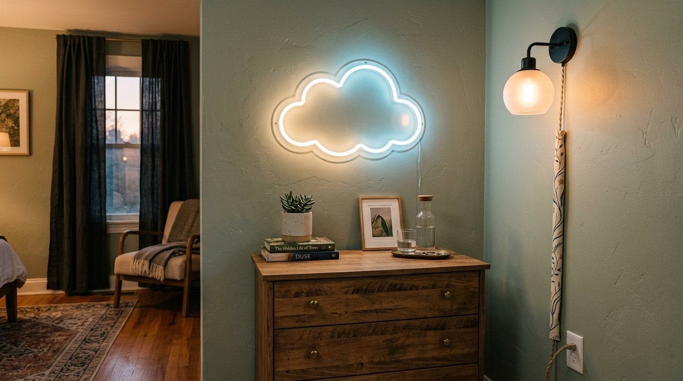 A neon cloud light shines on a sage green wall above a rustic wooden dresser with a small plant and water pitcher.