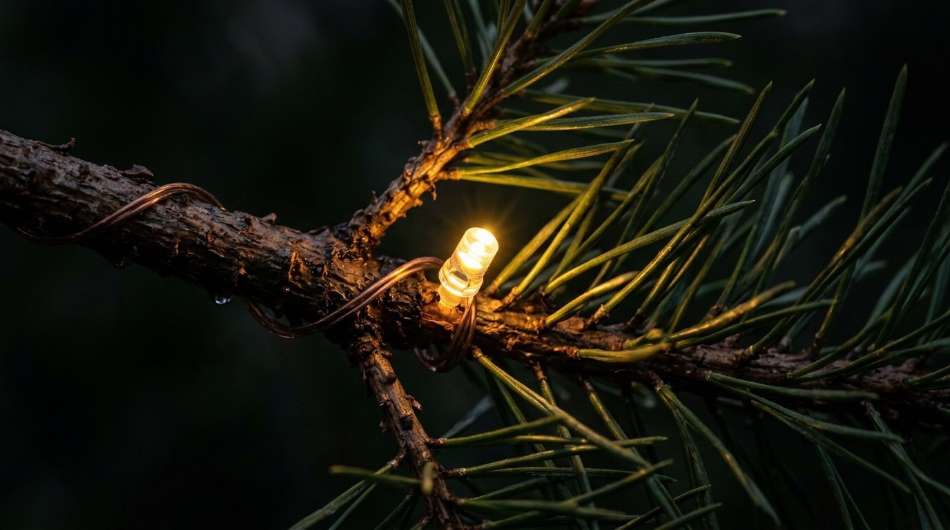 Close-up of a pine tree branch illuminated by a tiny glowing amber lightbulb at night.