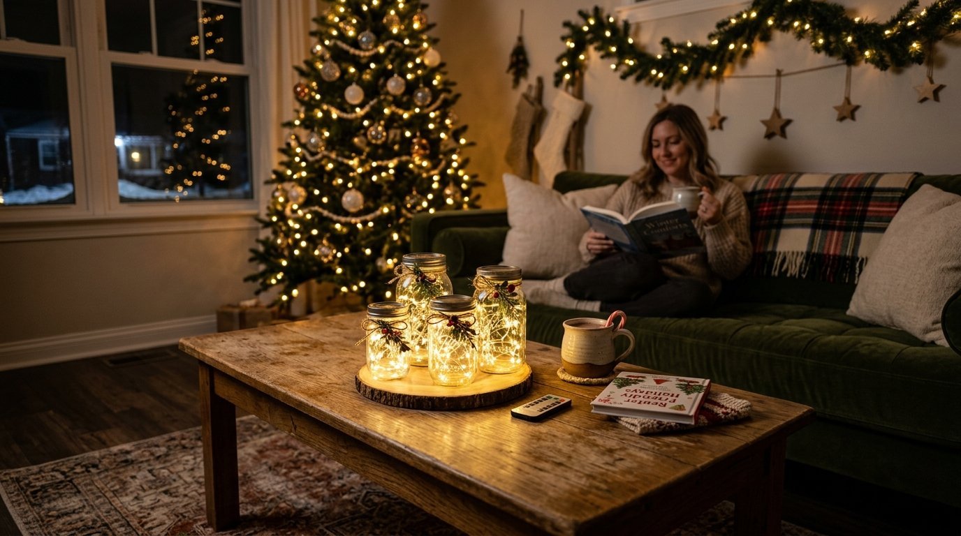 A woman relaxes on a green sofa behind a wooden table topped with illuminated fairy light mason jars.