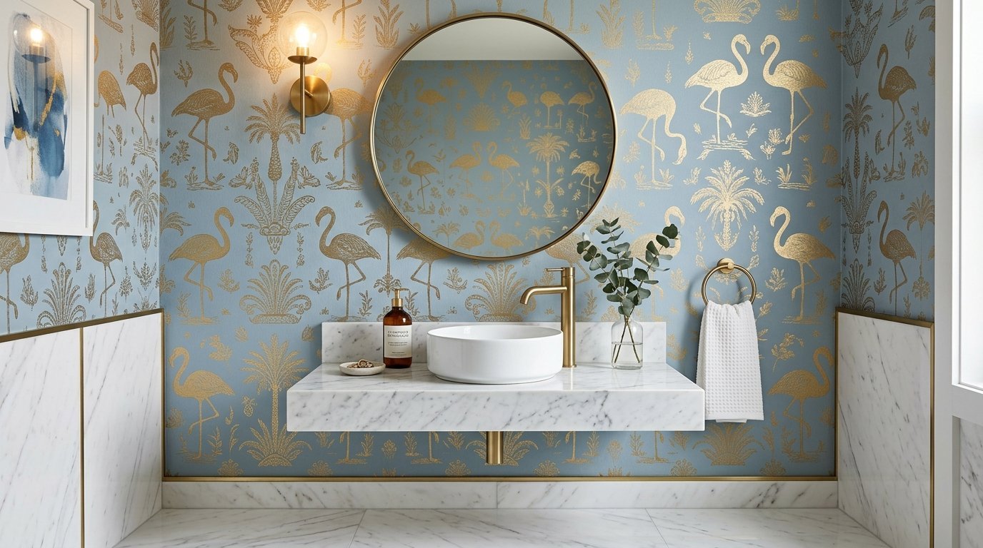 Floating marble sink vanity against a blue and gold tropical flamingo print wallpaper with a round mirror.