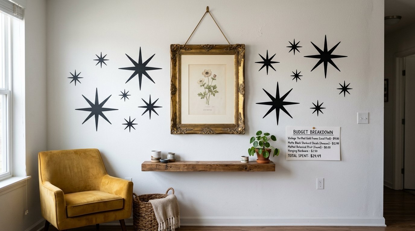 Mustard chair under a gallery wall featuring a vintage floral print in a gold frame surrounded by black star stickers.