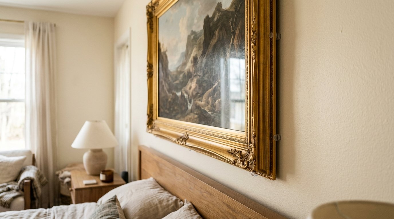 A close-up of a classic landscape painting in a decorative gold frame mounted on a bedroom wall.