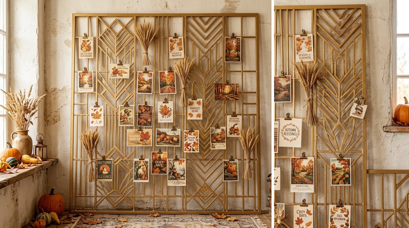 Gold metal wire grid with geometric patterns holding autumn-themed postcards and dried wheat bundles.