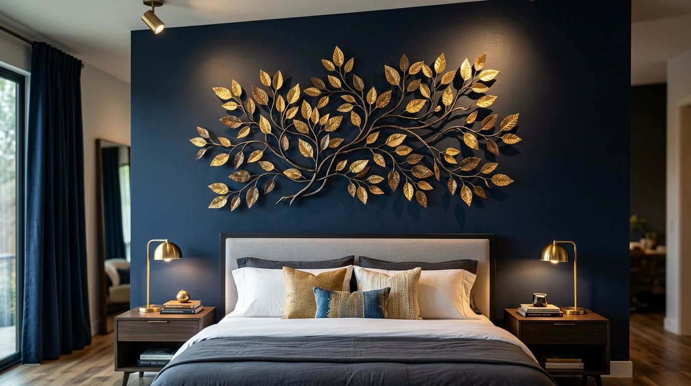 A decorative gold metal branch sculpture mounted on a dark navy blue wall above a contemporary bed frame.