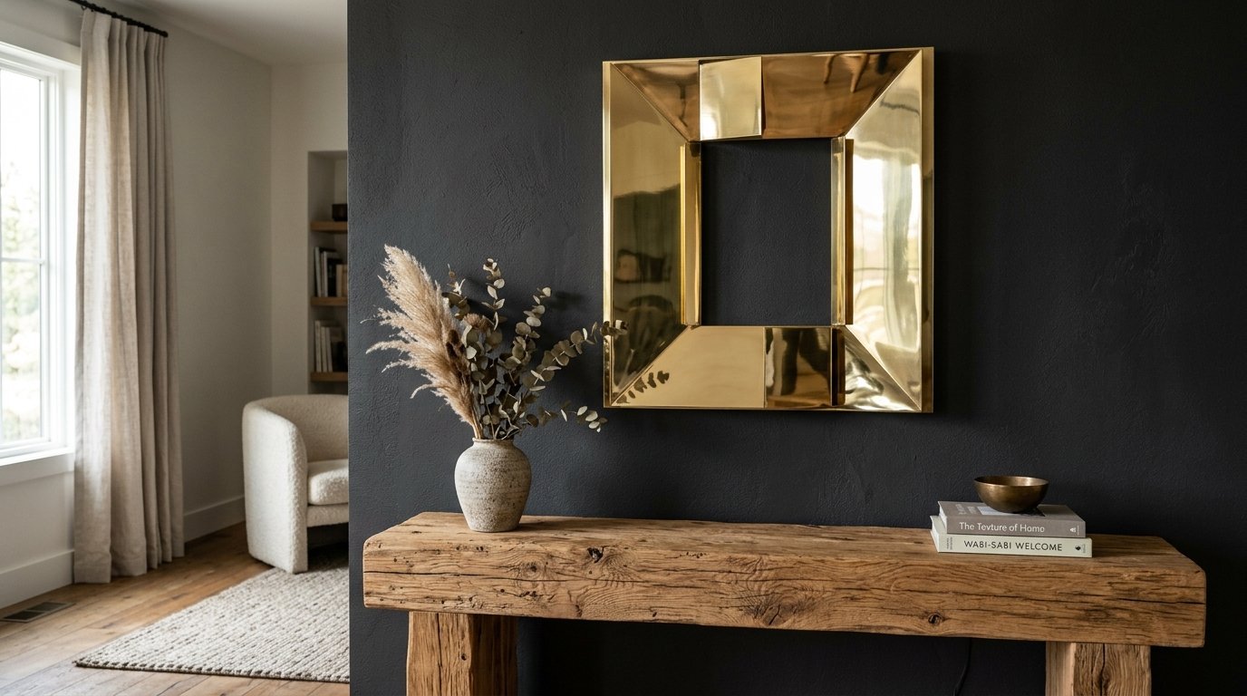Polished brass mirror hanging on a dark accent wall over a rough-hewn wooden entryway table with dried botanicals.