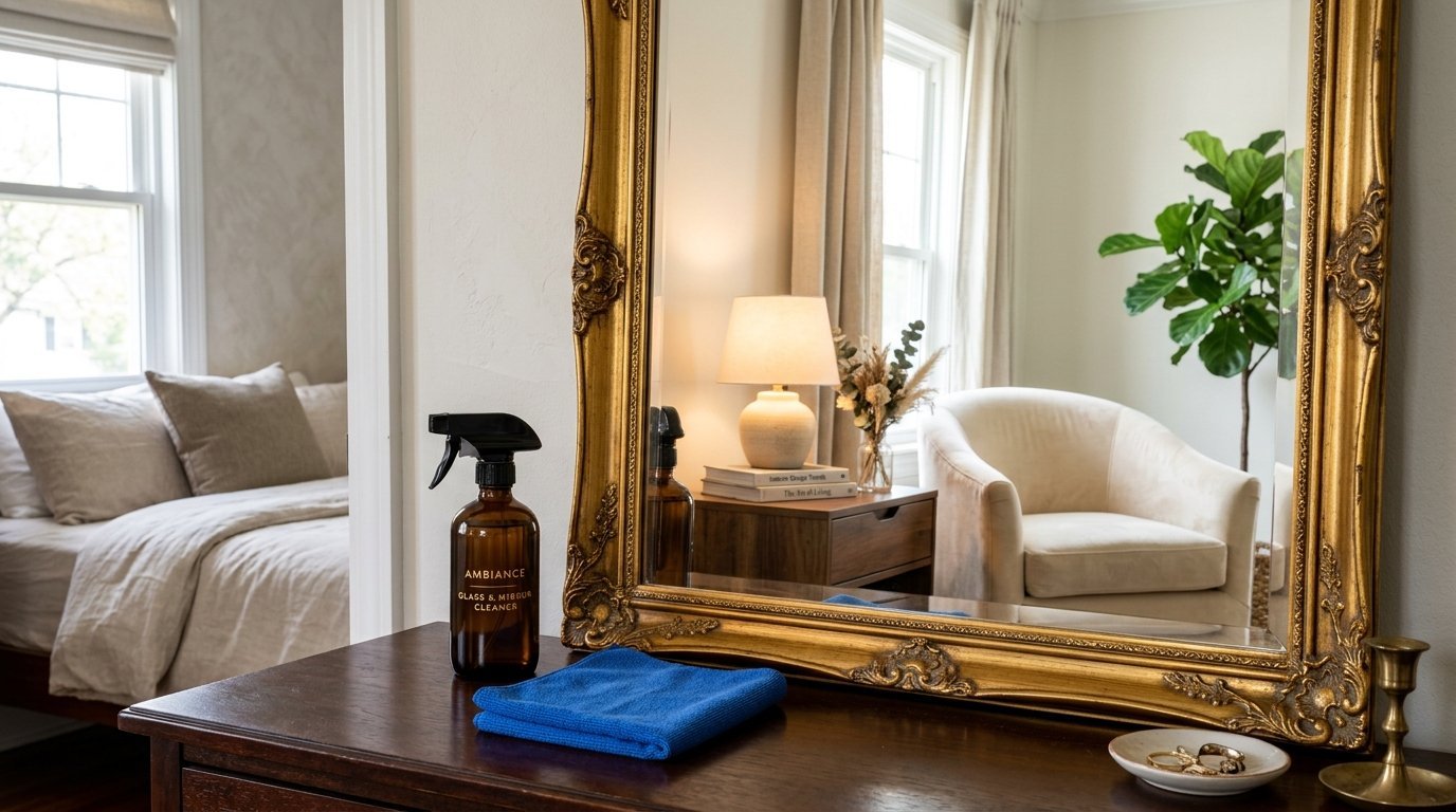 Cleaning supplies on a dark wood dresser reflecting a bright living room with a cream armchair and fiddle leaf fig.