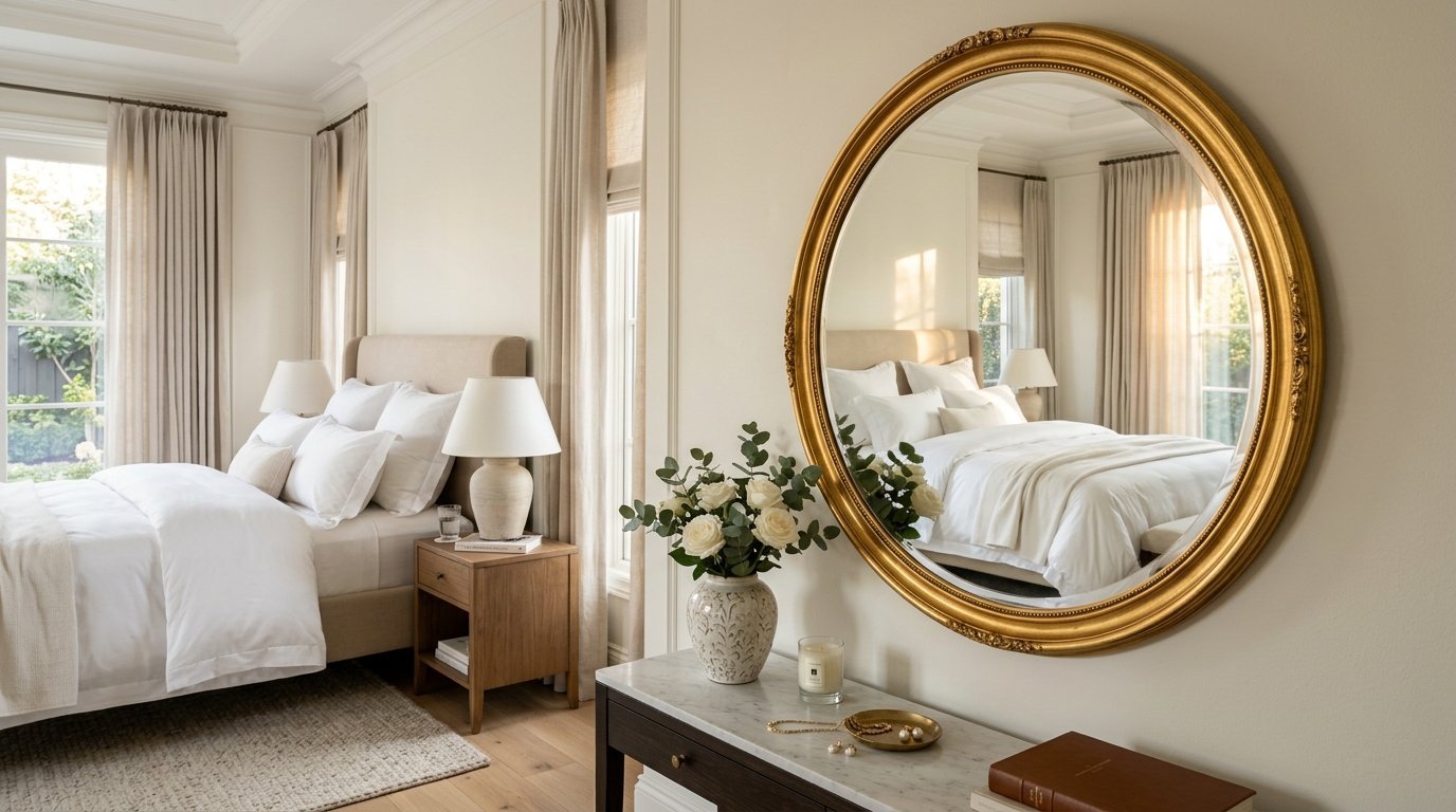 Round ornate gold mirror on wall reflecting bed with white bedding and lamp in a bright, modern bedroom.